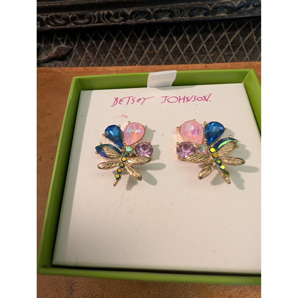 Betsey Johnson Gold Tone Colorful Crystal Dragonfly Floral Stud Earrings